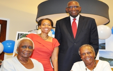 STJ_Land_Donation_Samuels: (from right) Gloria Samuel and Marva Samuel Applewhite, who donated land in St. John to UVI, pose with heirs of their father James Alphonso “Harry” Samuel, who owned Estate Zootenvaal. 